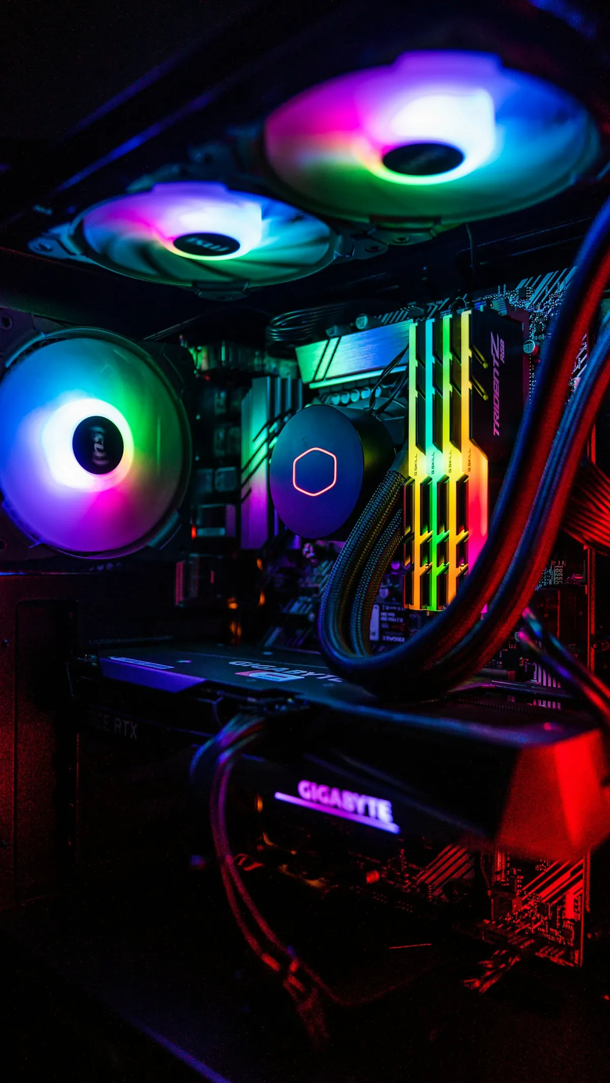 Illuminated components inside a gaming PC.